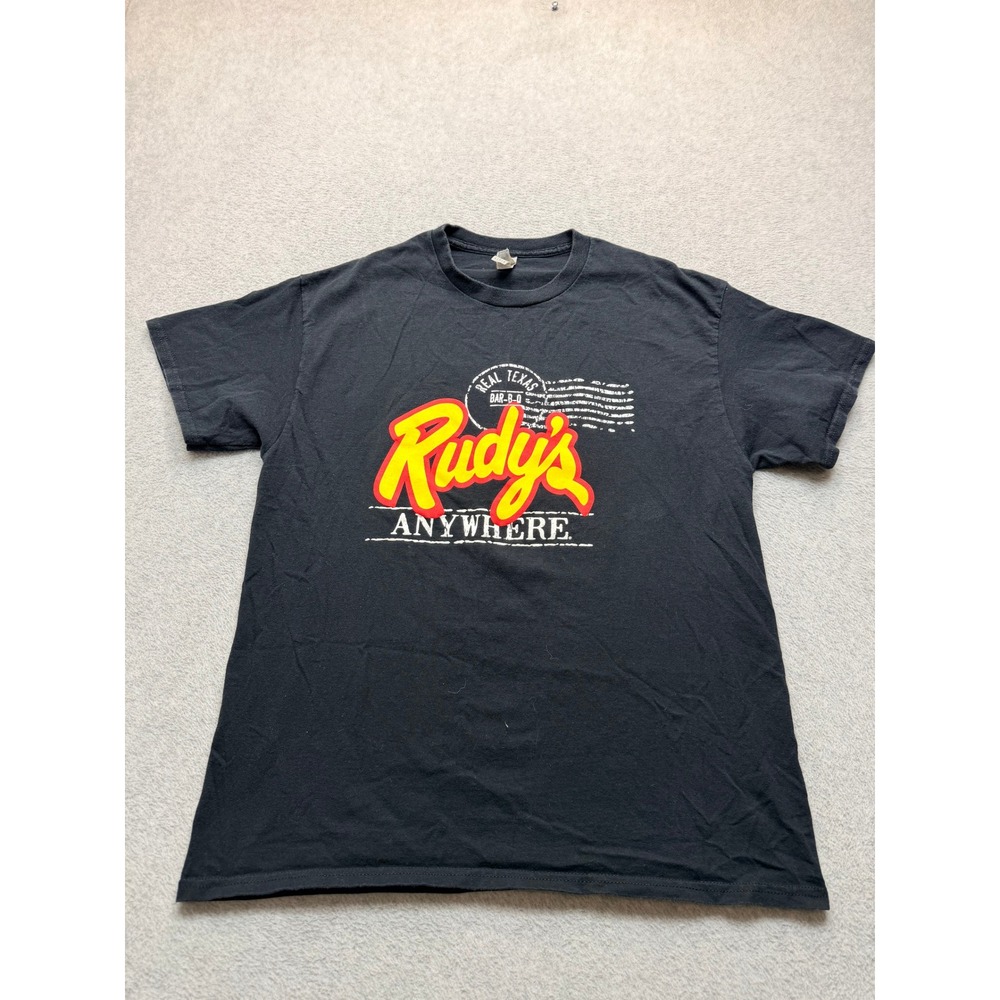 Rudys Real Texas BBQ Anywhere Black Graphic T-Shirt Mens Large Gildan Cotton